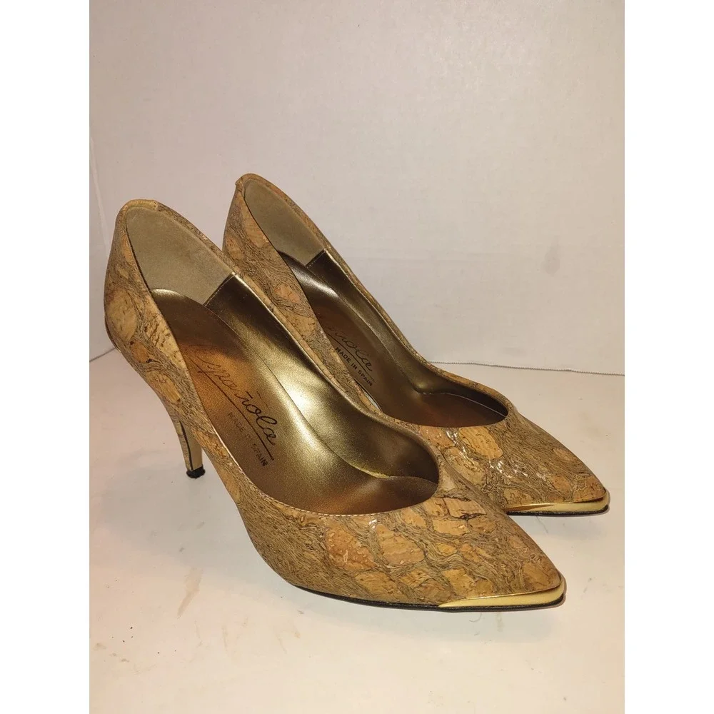 Española Cork Stiletto Pumps Gold Metal Detail Made in Spain Tan Heels Size 5-6